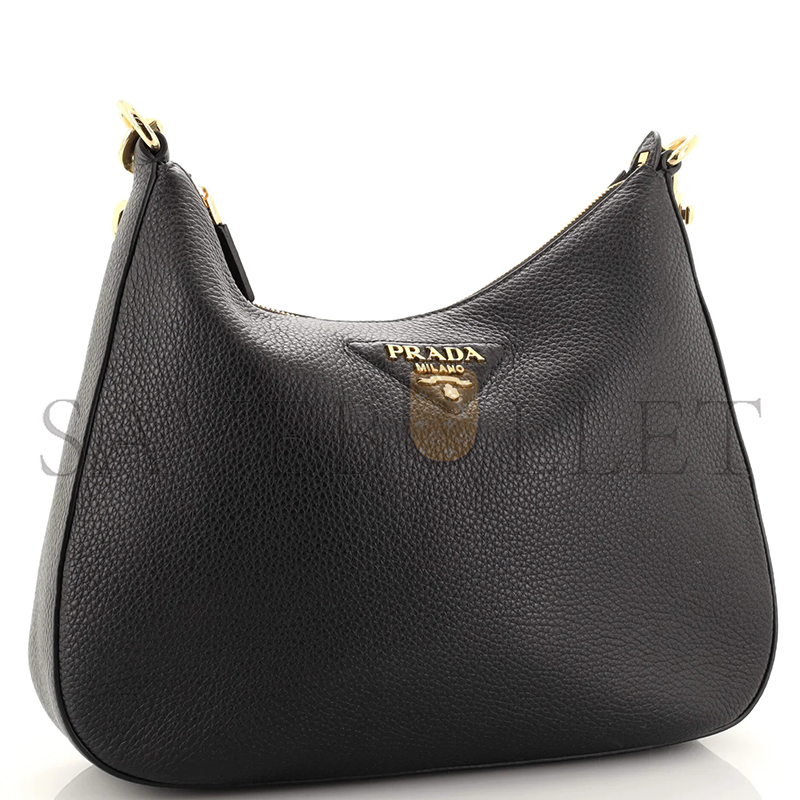 PRADA LOGO STRAP SHOUDLER BAG LEATHER MEDIUM BLACK 1BC178 (32*25.5*7.5cm)